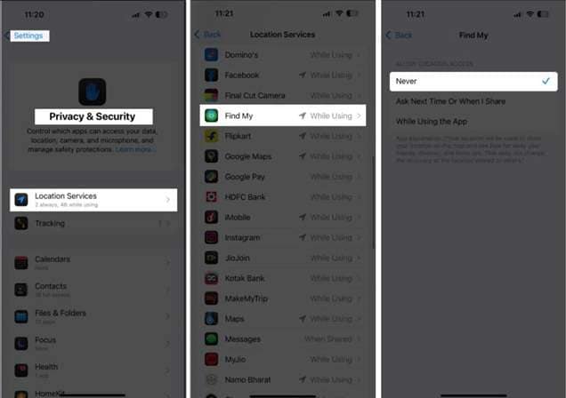 turning off location services for the find my app