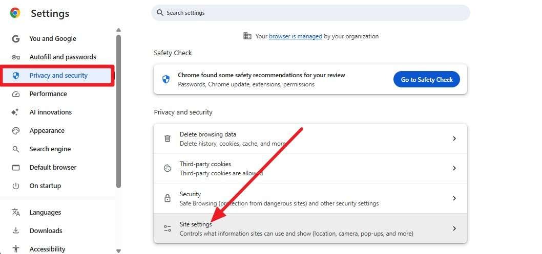 go to site settings