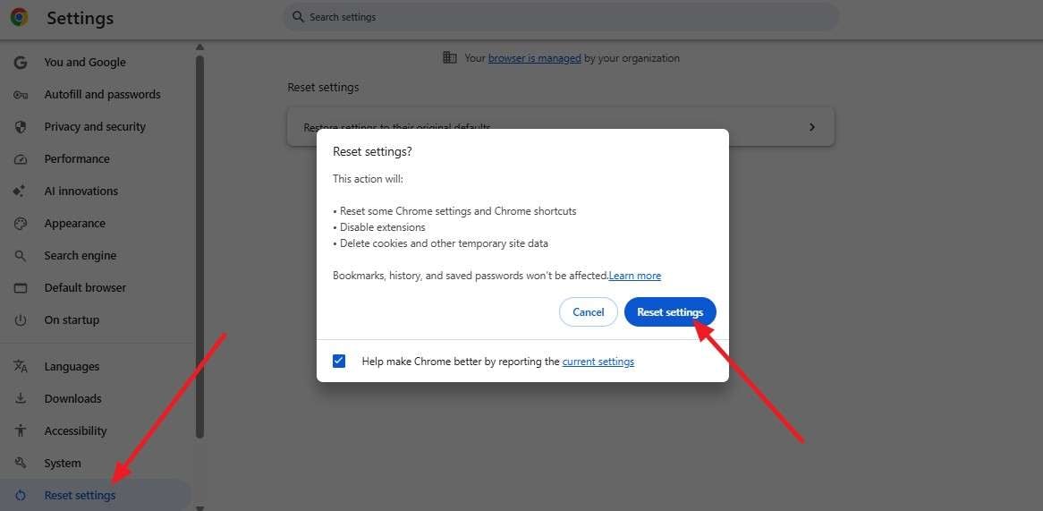 reset the settings