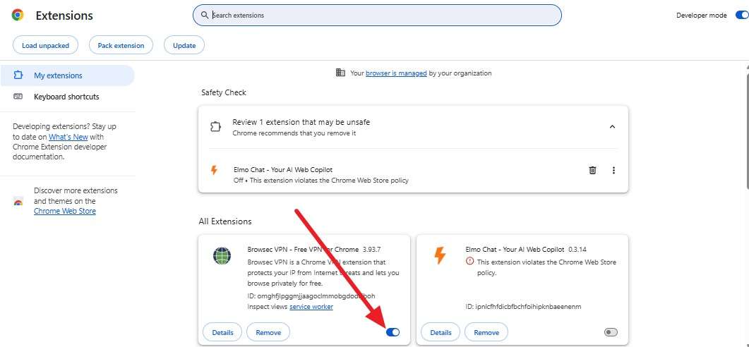 toggle off extensions
