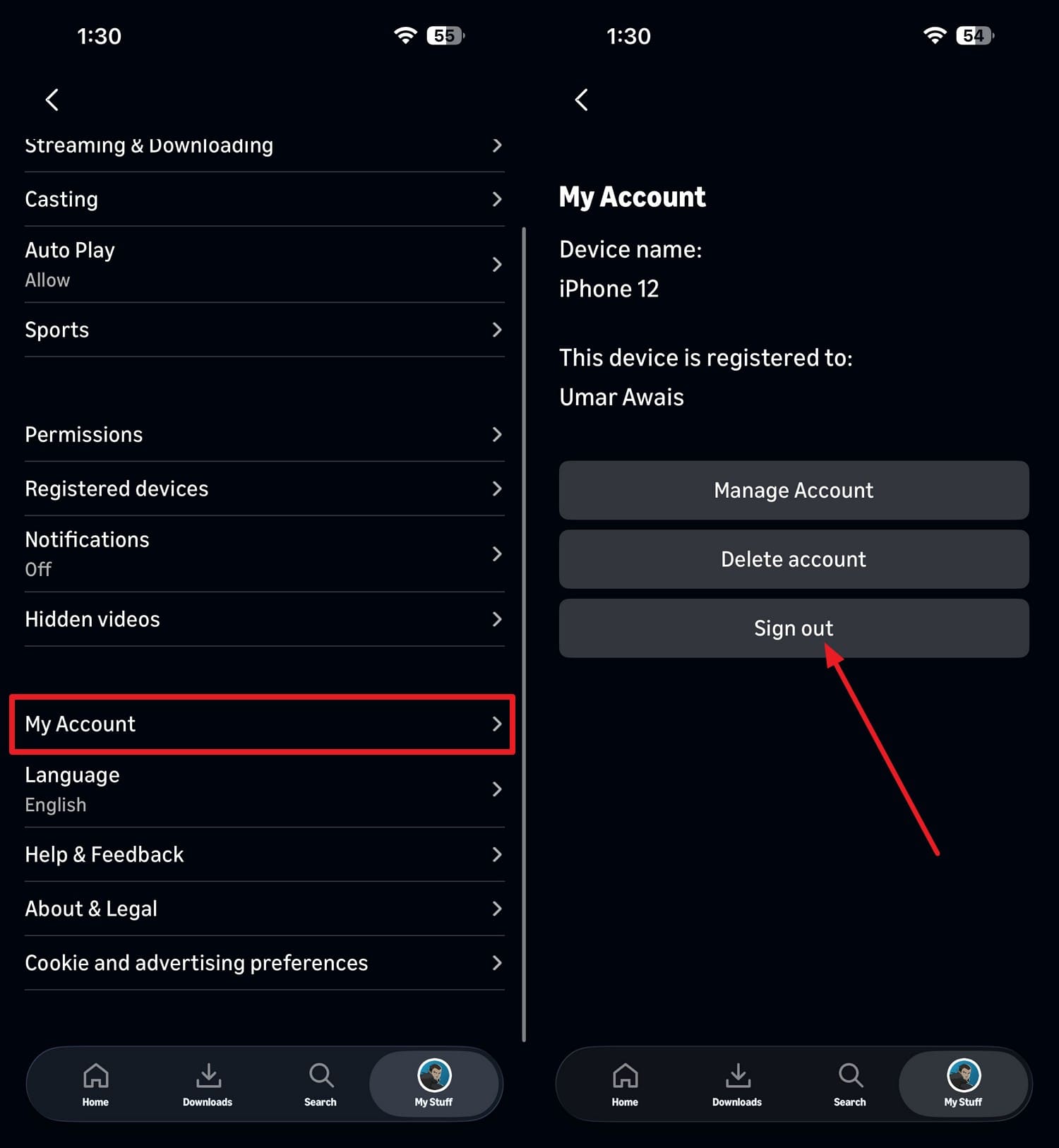 sign out on app