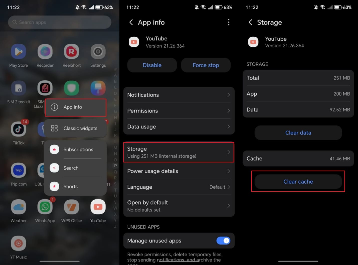 clear youtube app cache