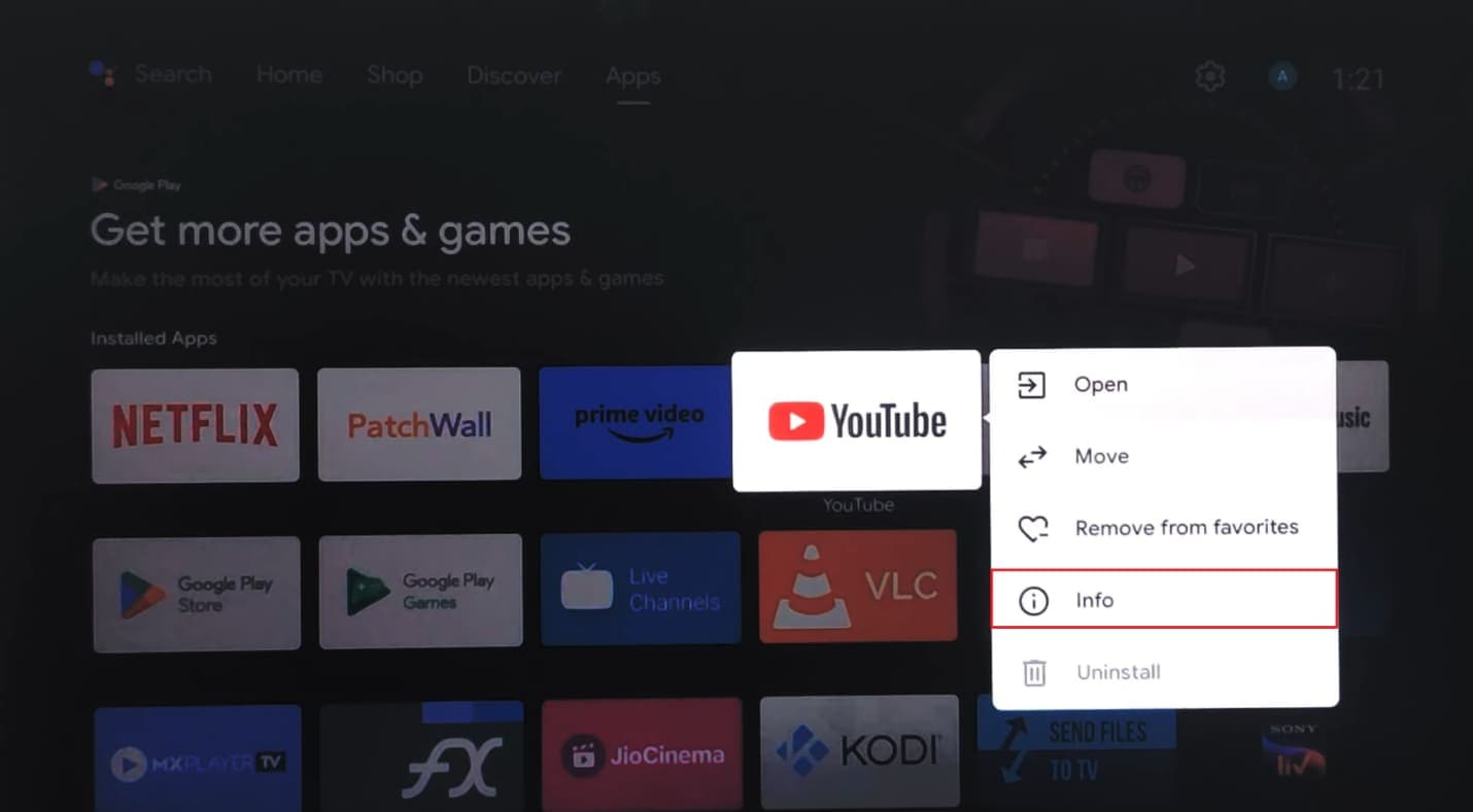 open youtube app info on tv