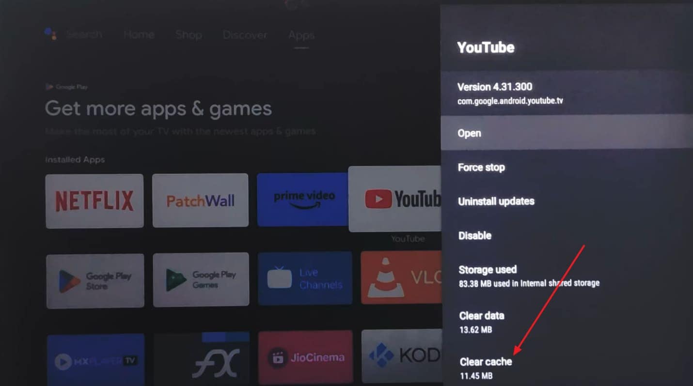 clear youtube app cache on tv