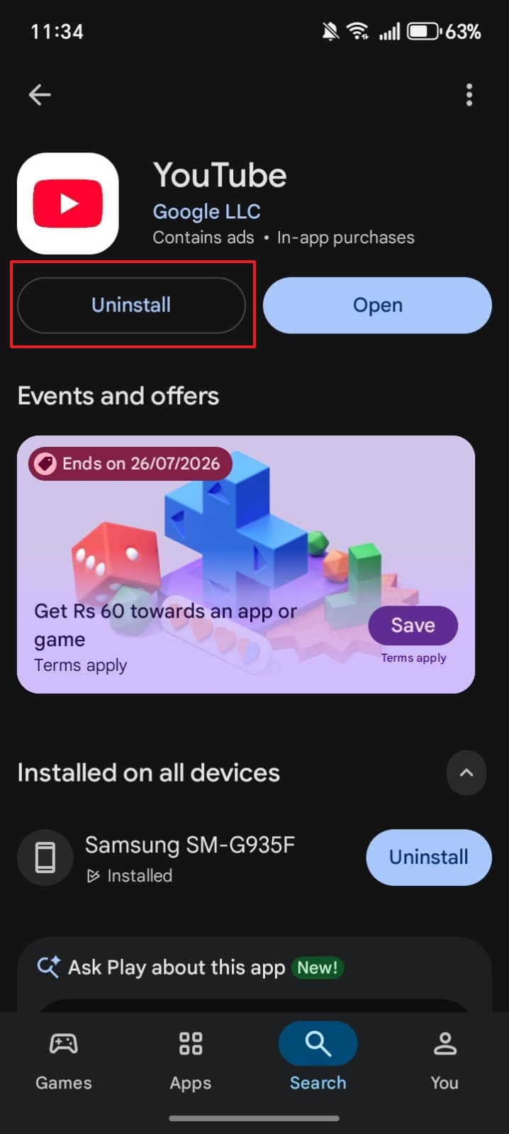 reinstall youtube app