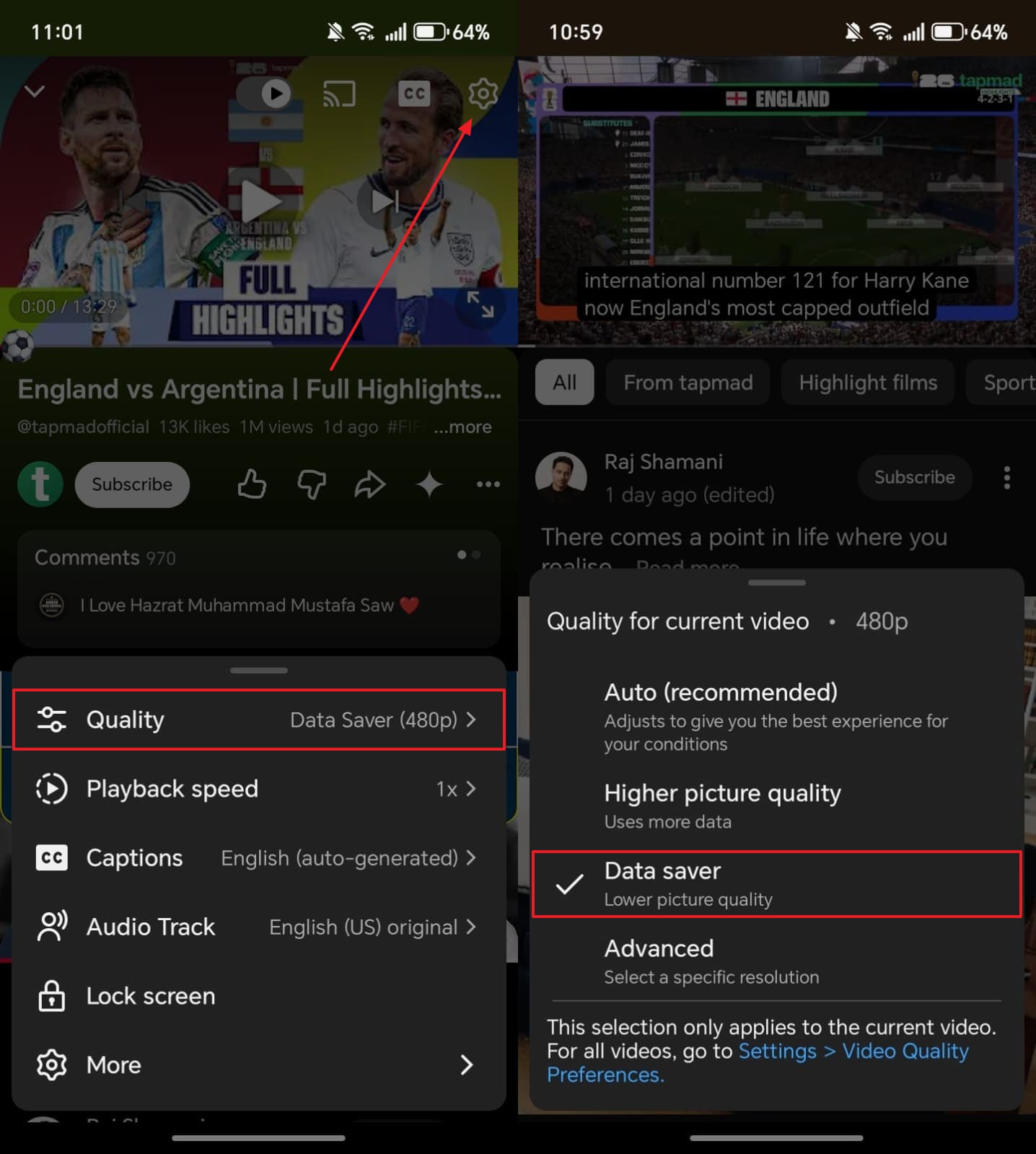 enable data saver for youtube video
