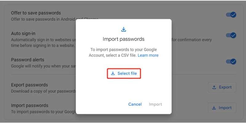 save passwords to google account