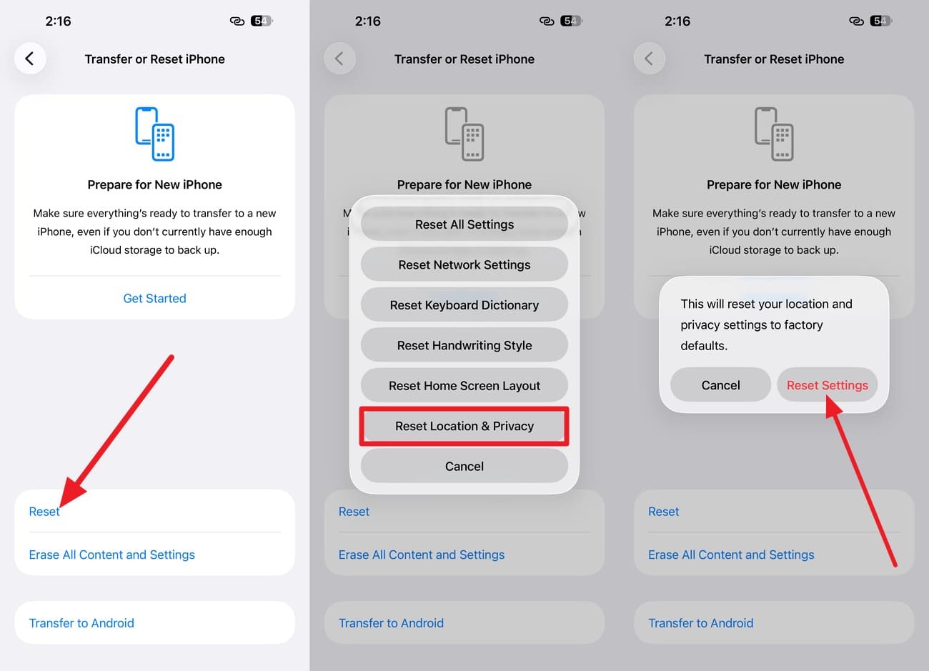 reset location and privacy