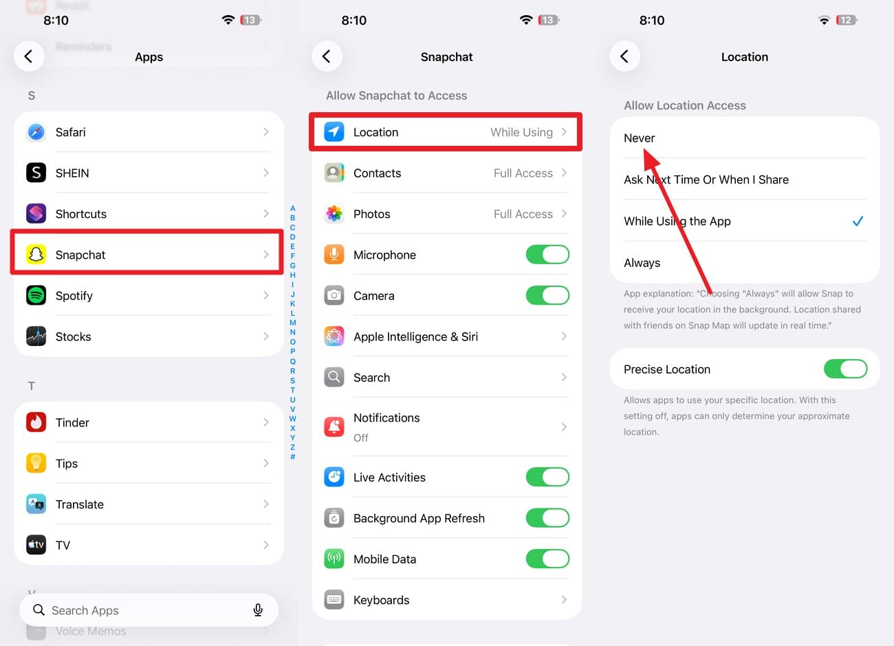 choose never location option