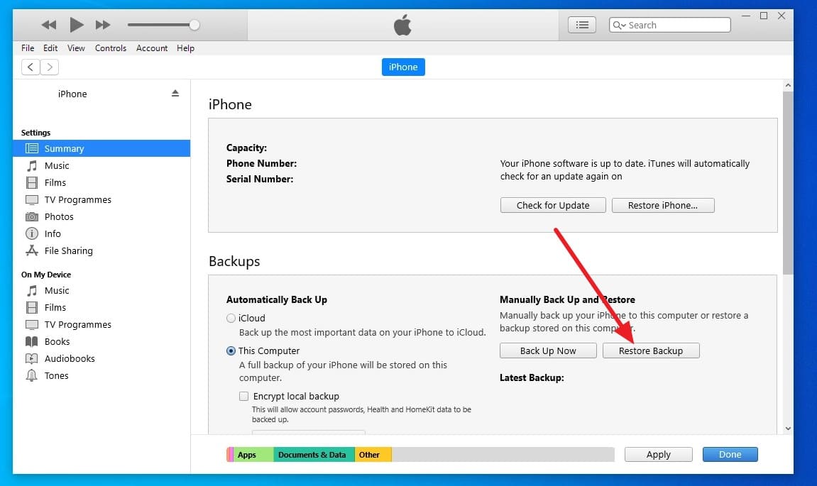 tap in restore backup