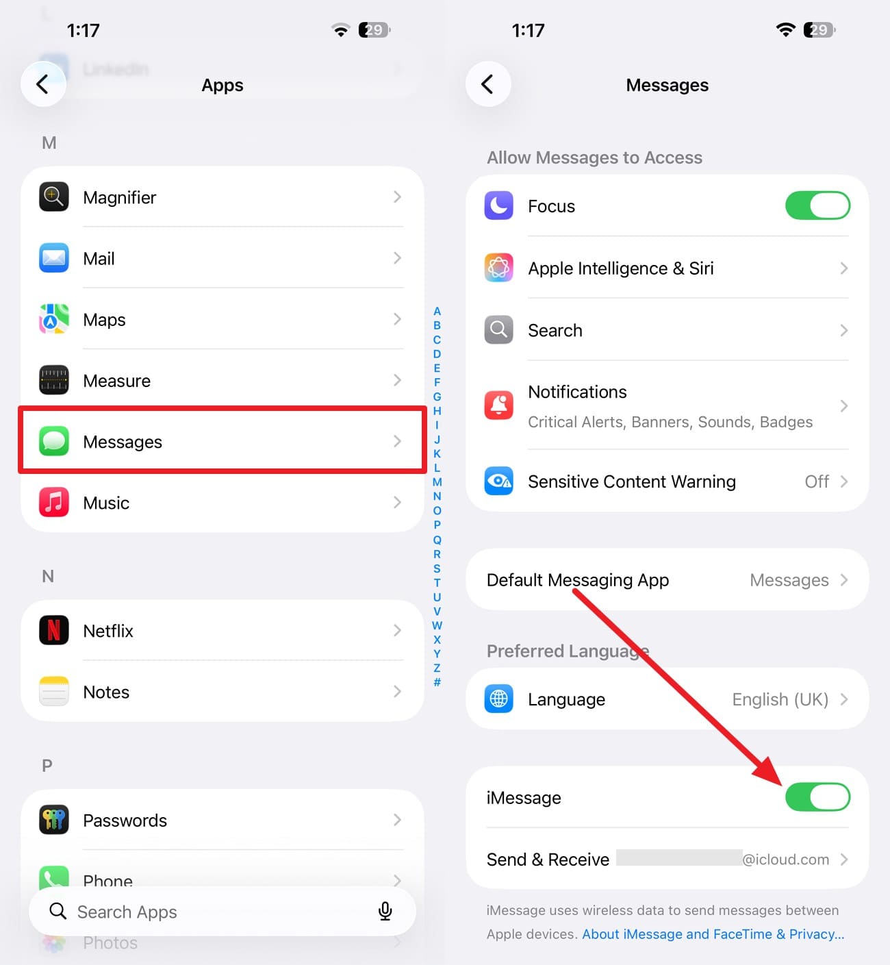 toggle on imessages