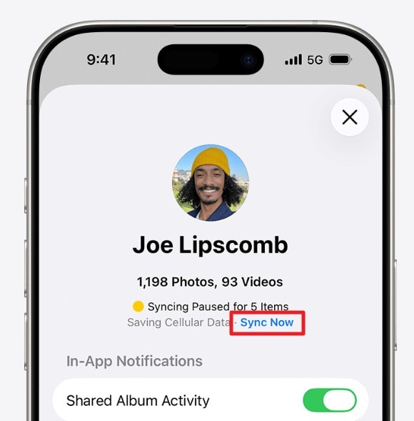 tap on sync now