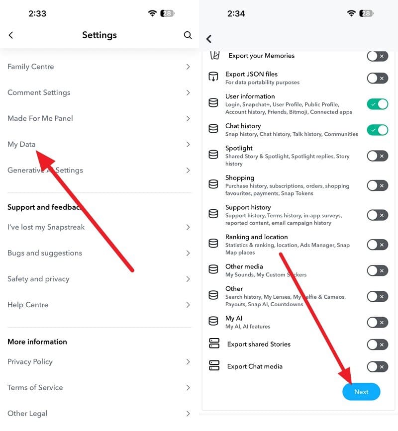 tap on data types and next