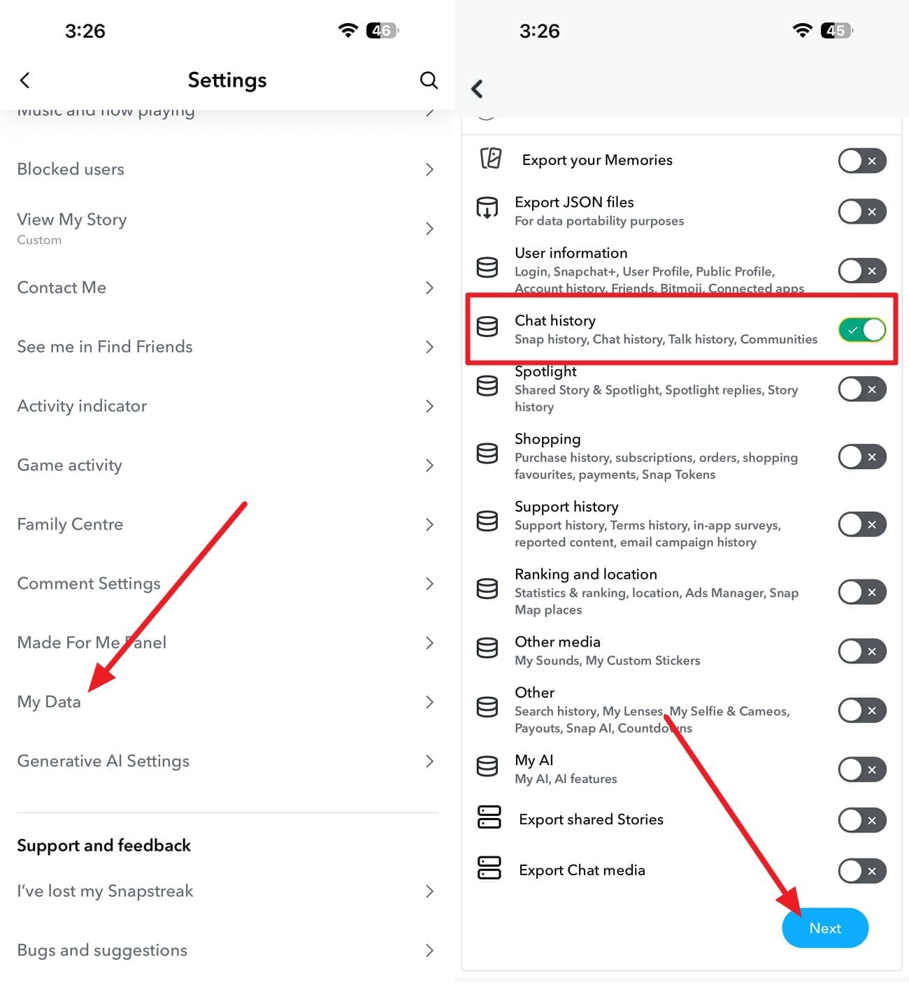 choose snapchat my data