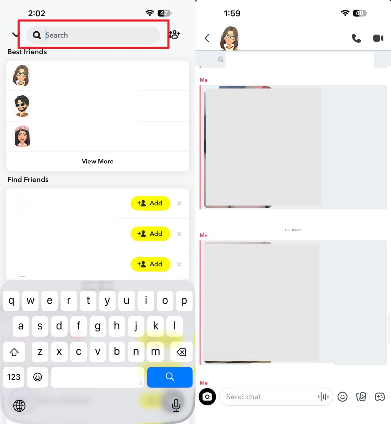 search the chat and snap