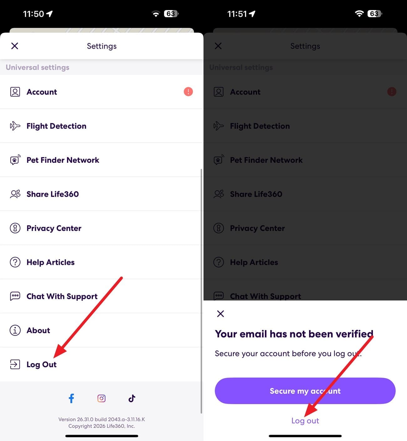 log out life360 app