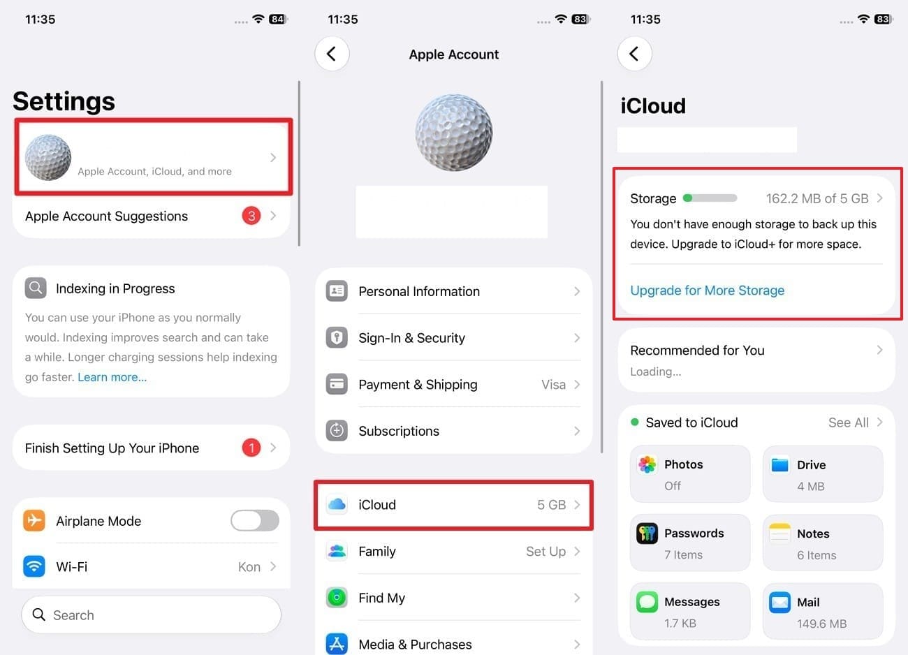 check the icloud storage