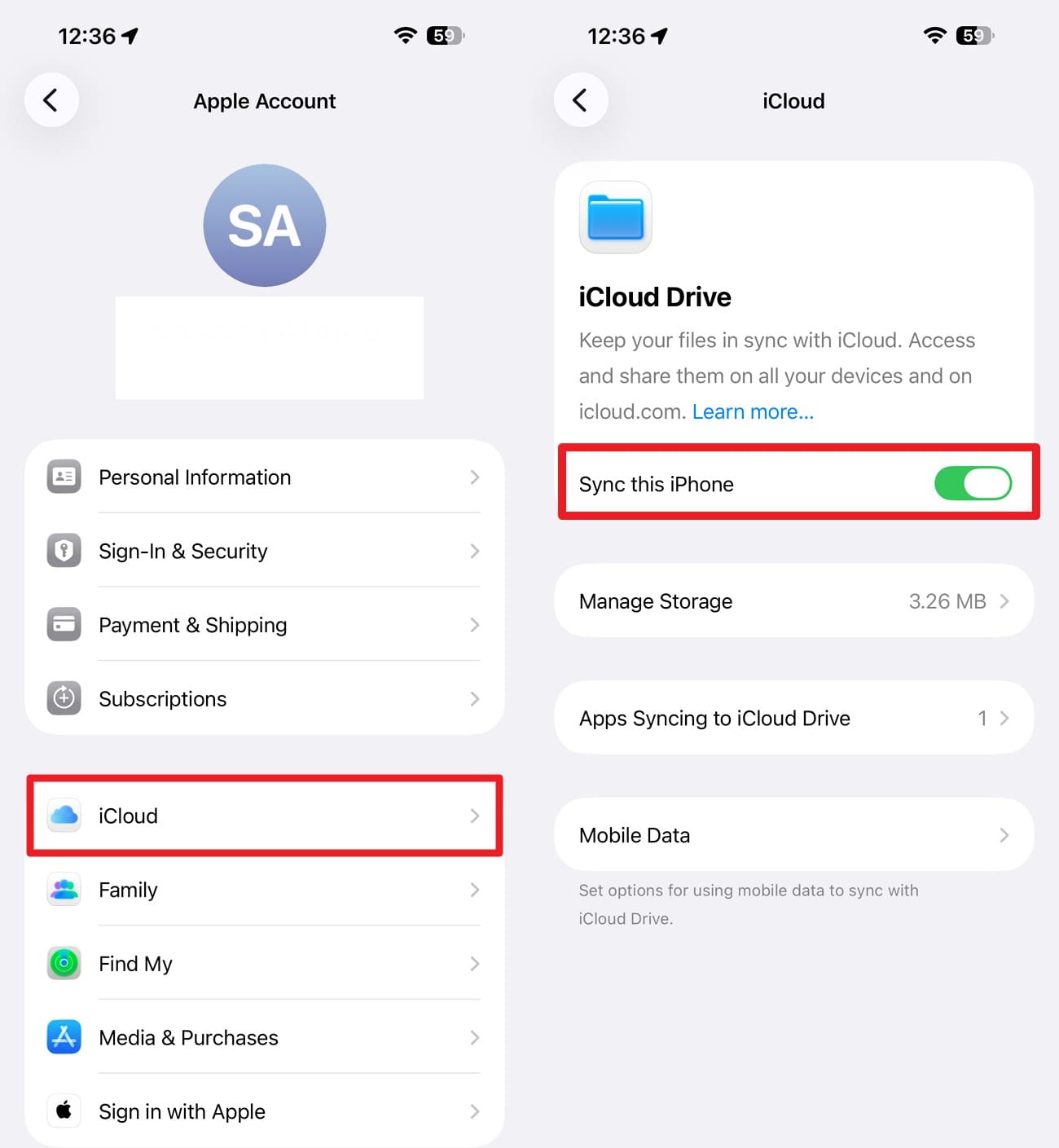 enable sync this iphone