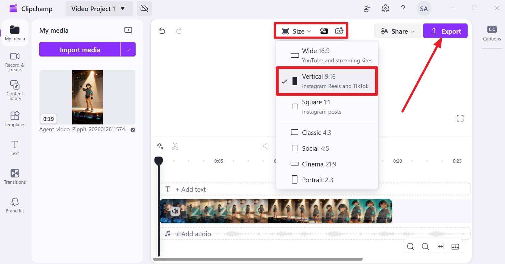 tap on size and export