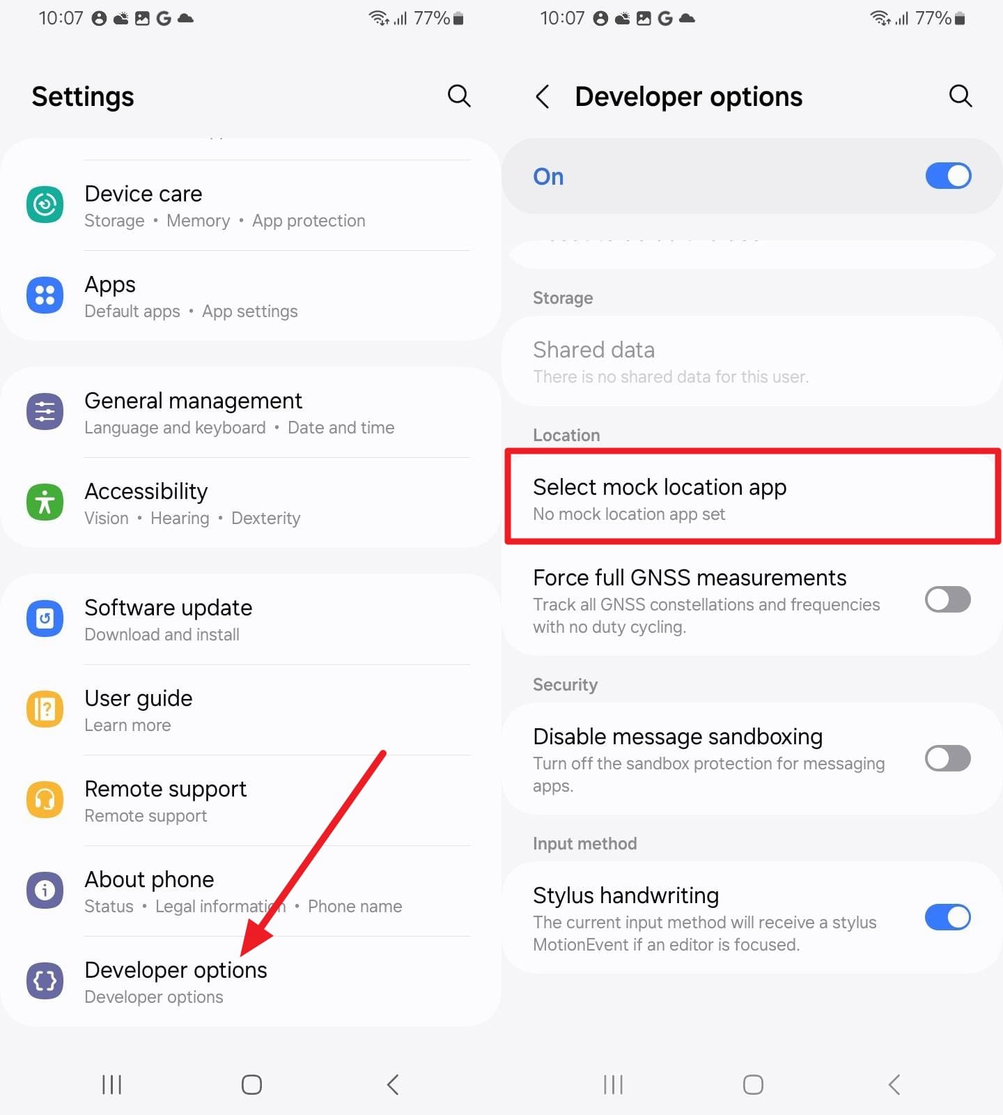 choose the developer options
