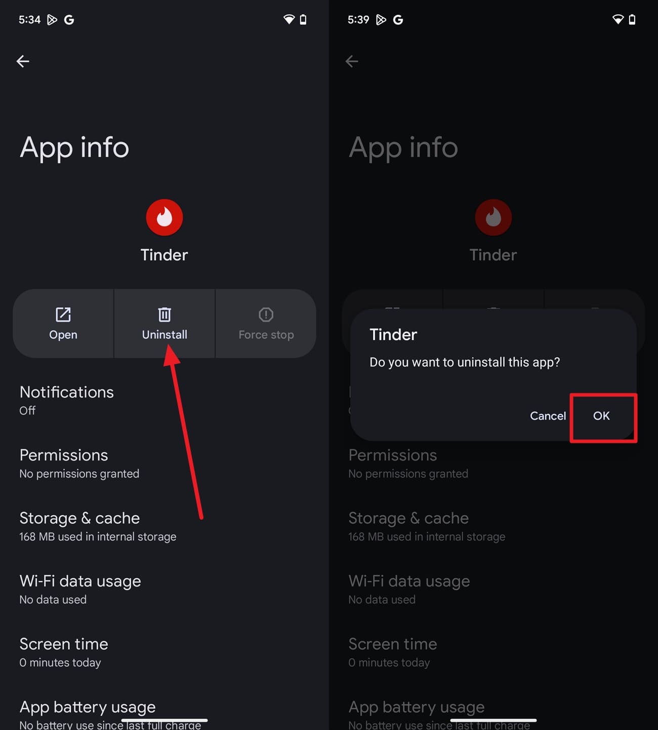 uninstall the tinder android app