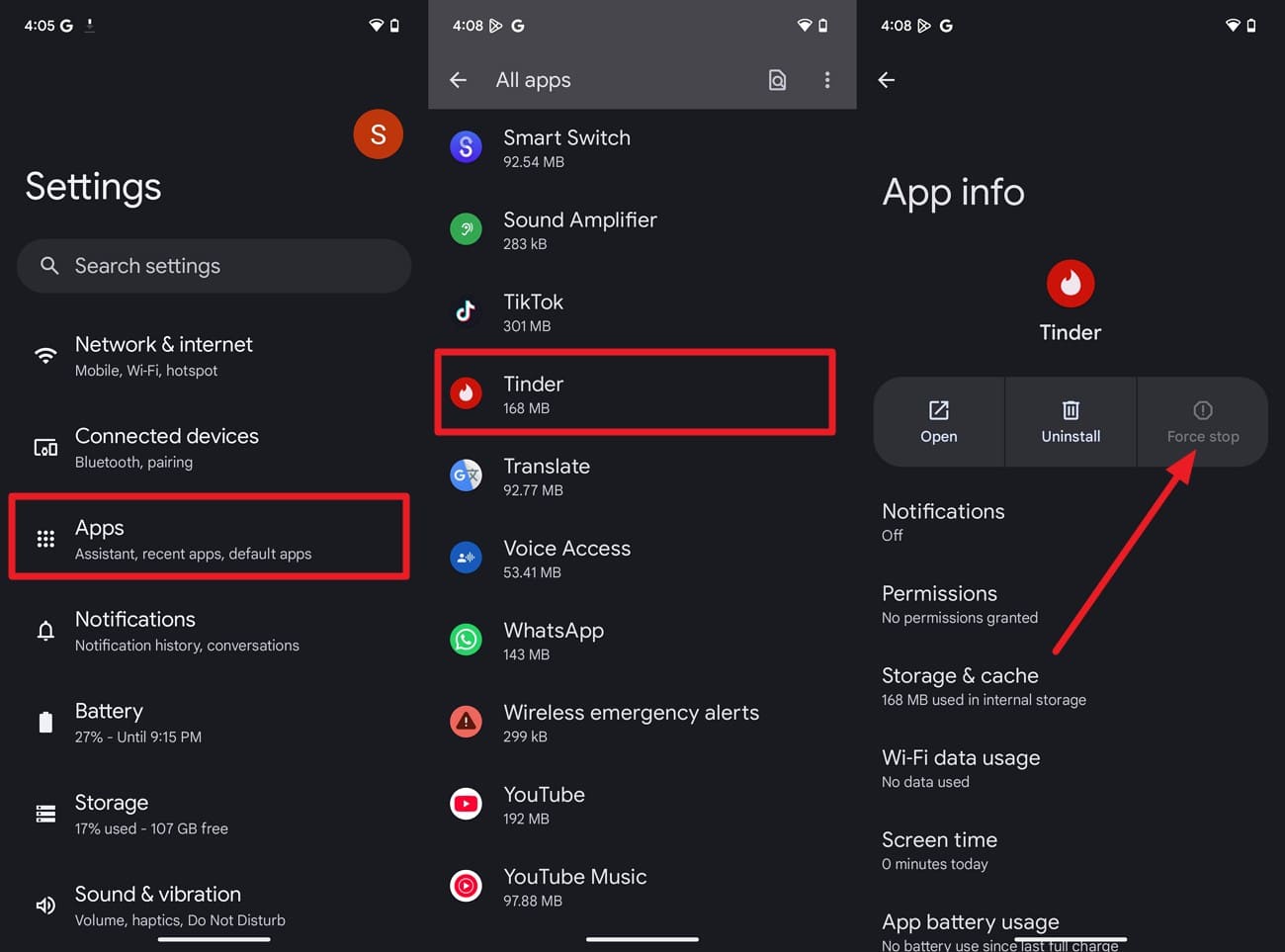 force stop the tinder android