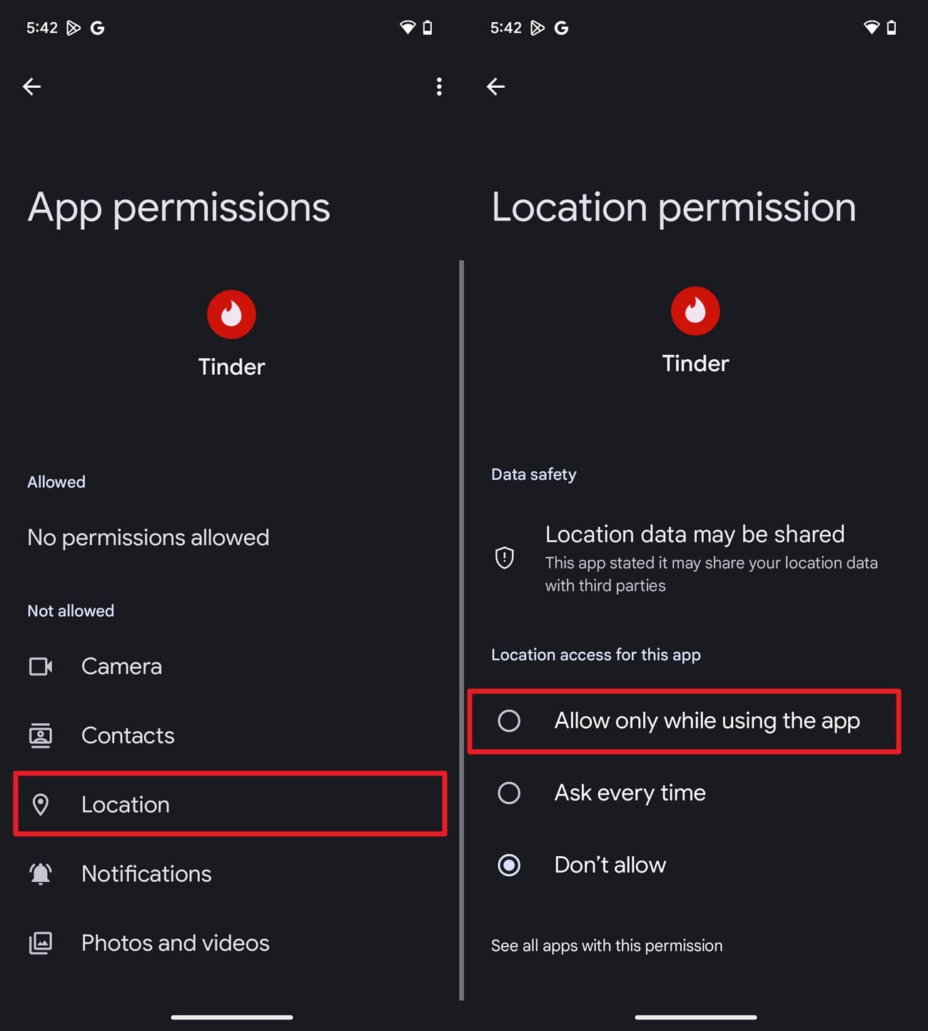 choose while using the app