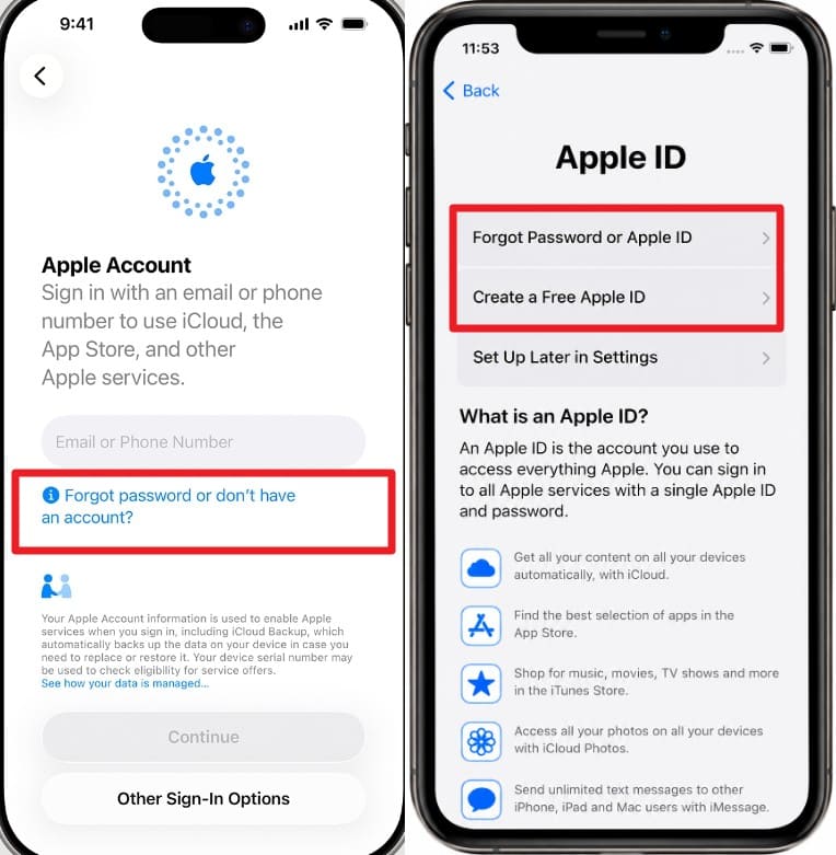forget apple id or create id