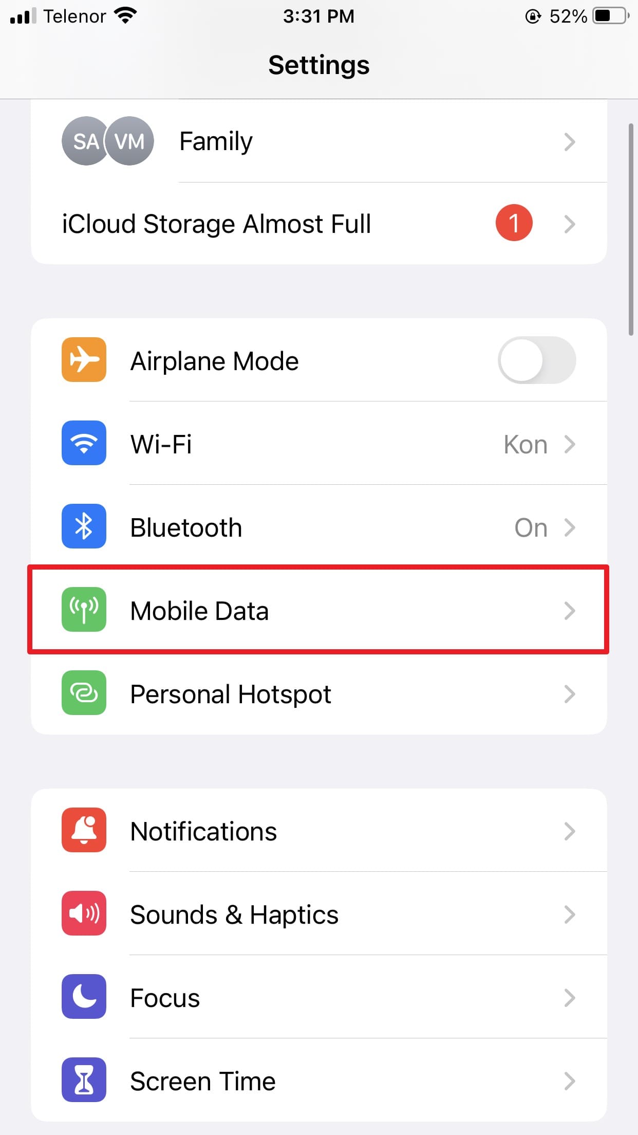 access mobile data option