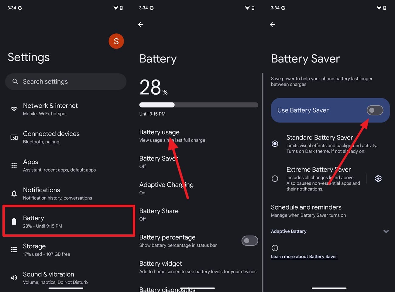 toggle on battery saver