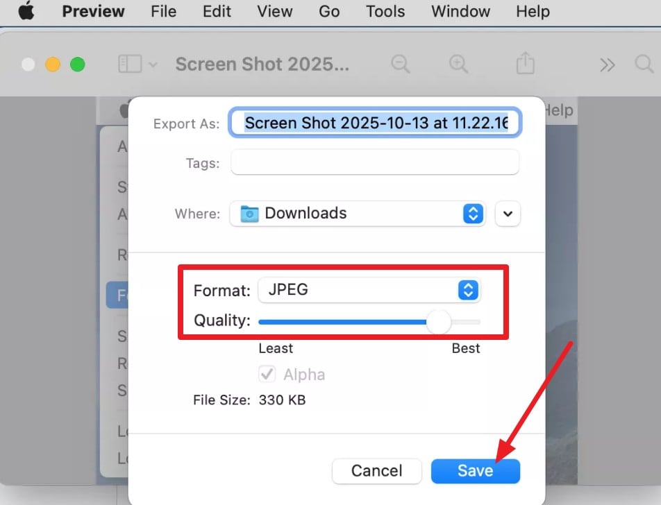 choose the quality and save