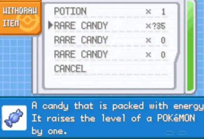 pokemon go fire red rare candy storage