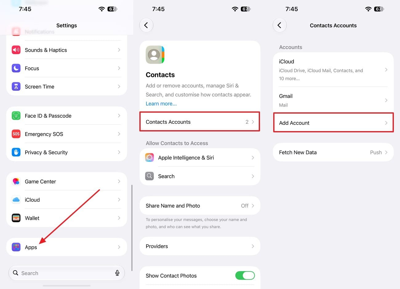 select apps and contacts accounts