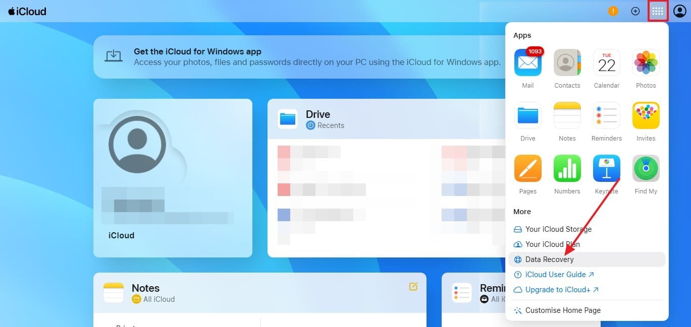 tap on data recovery option