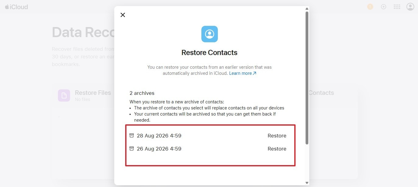 select restore contacts option