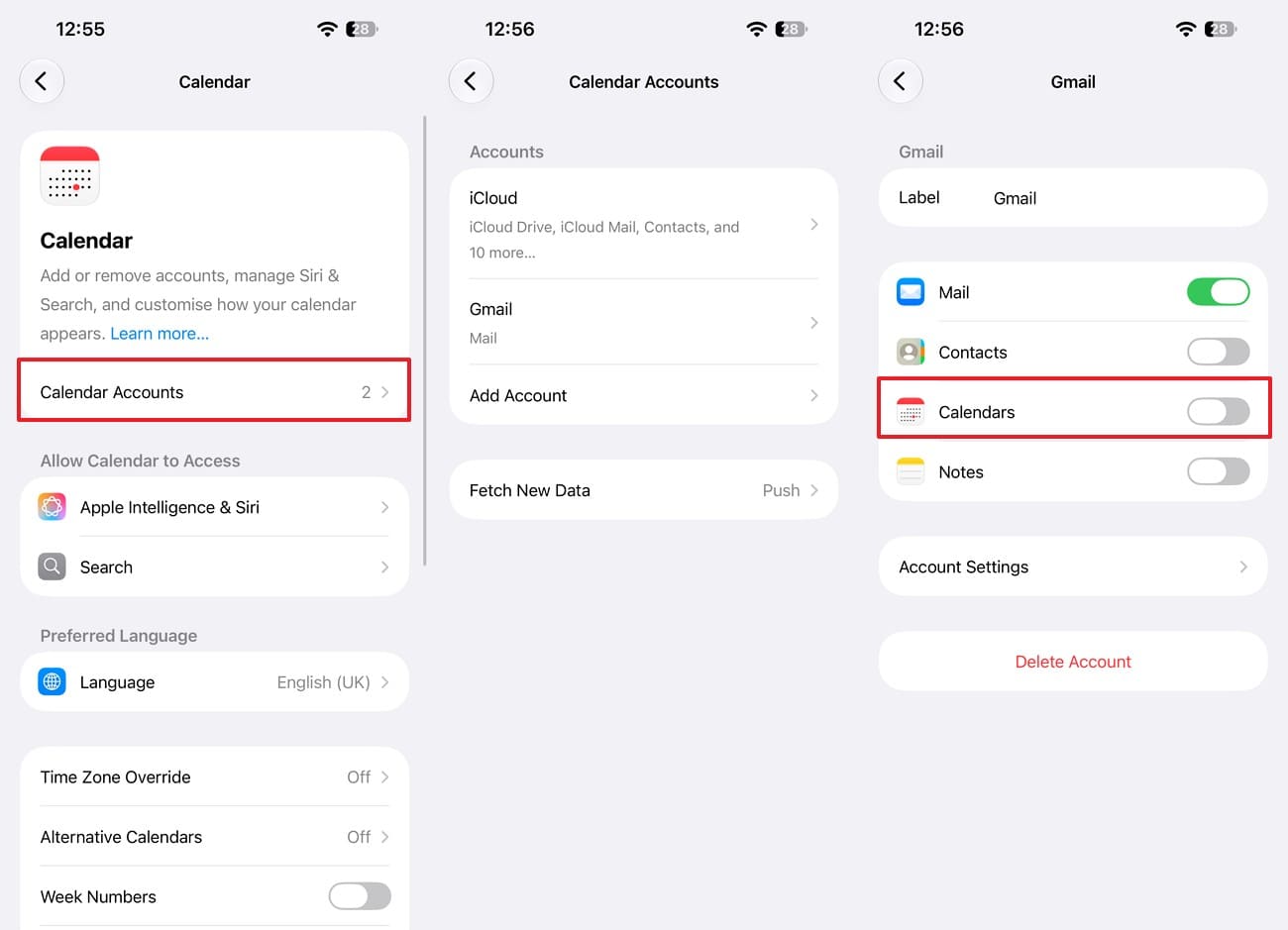choose accounts and calendar