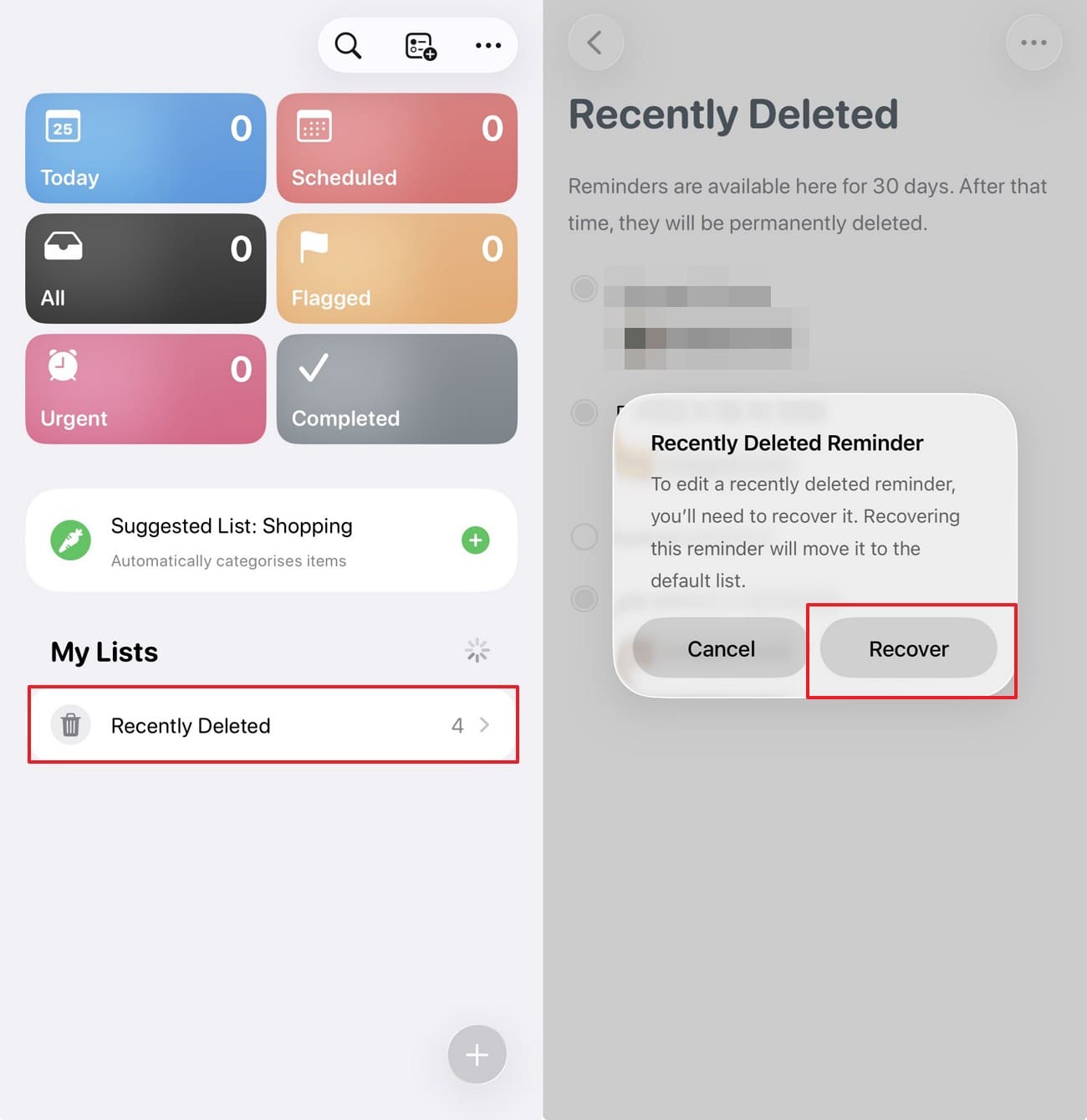 choose reminders and tap recover