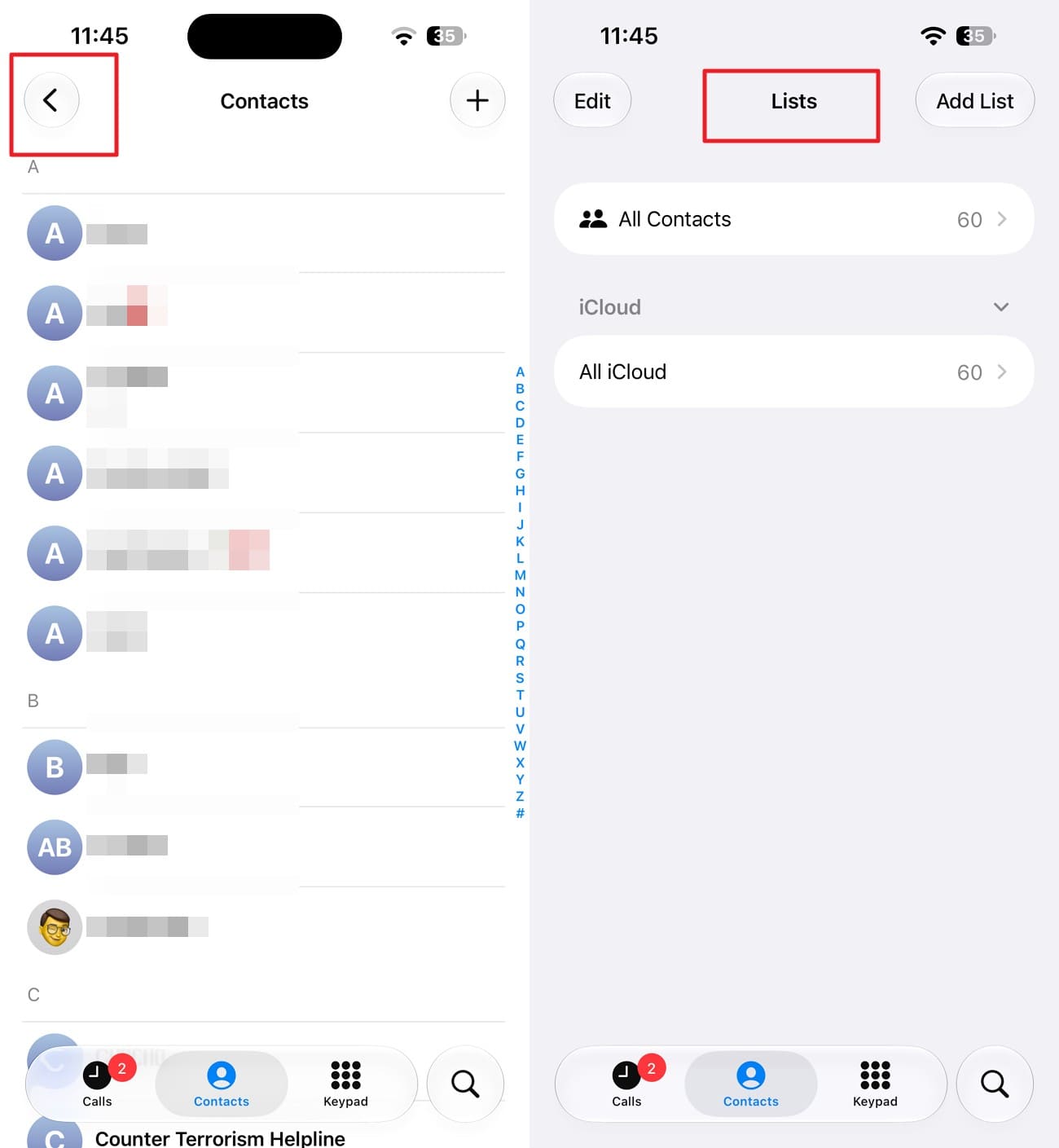 check the contacts lists