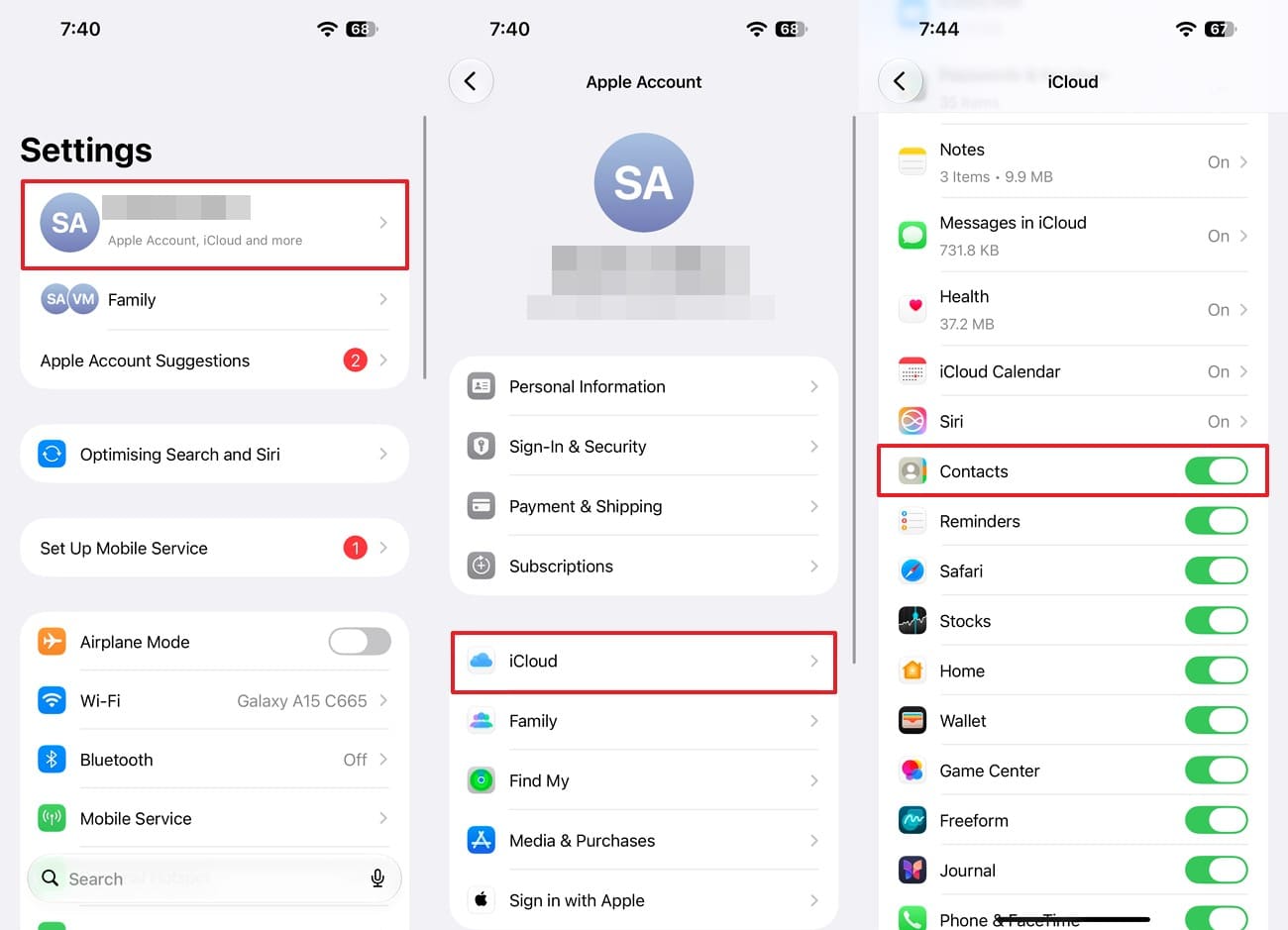 toggle on contacts to sync