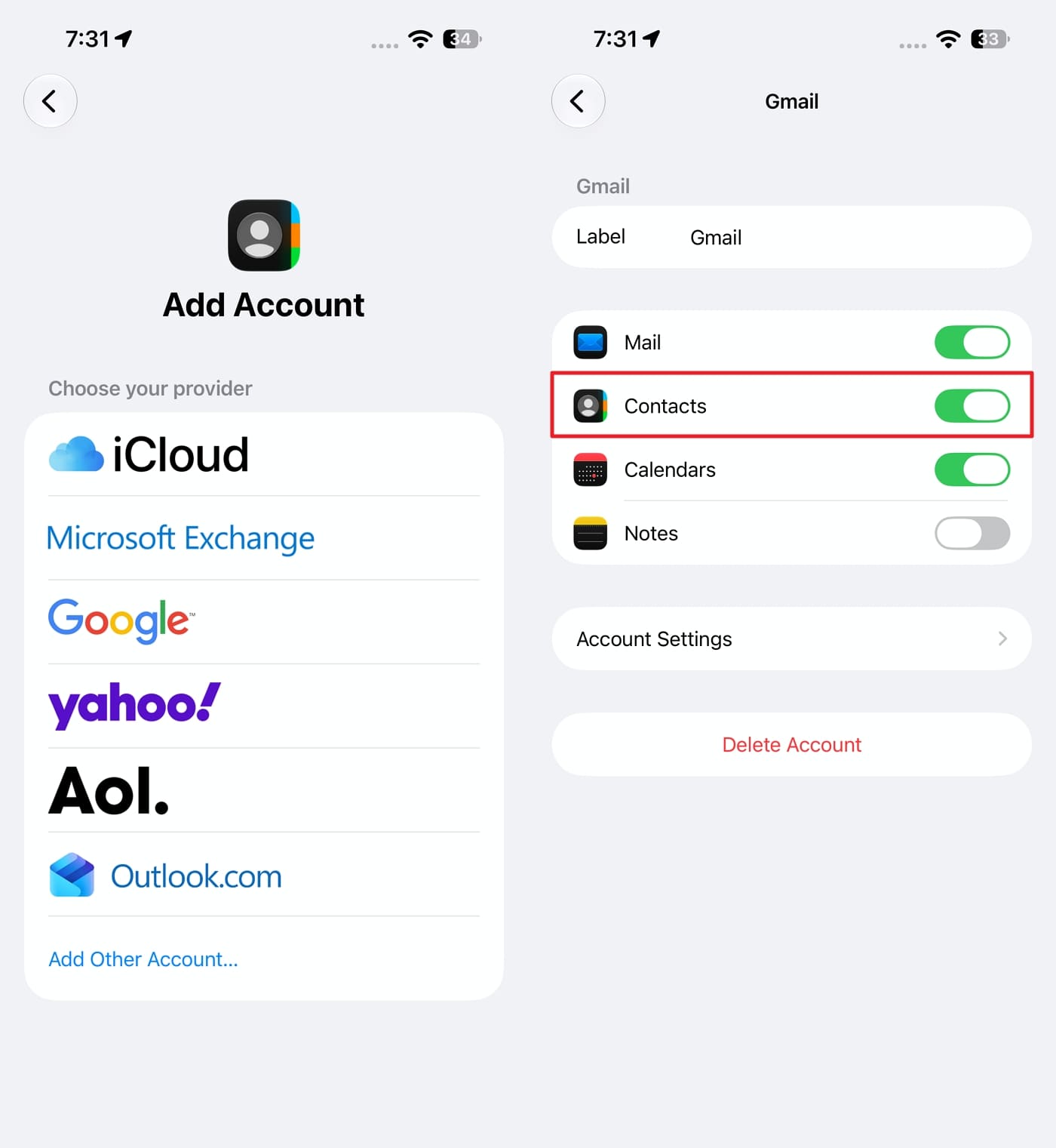 toggle on contacts option