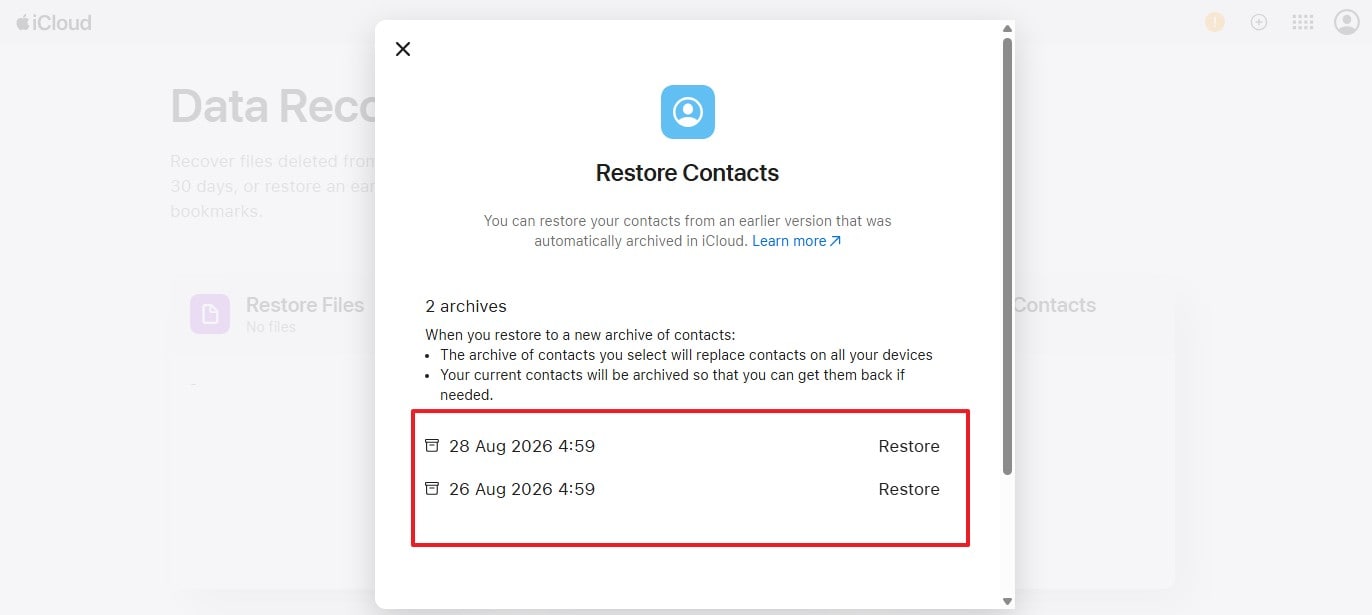 tap on restore option
