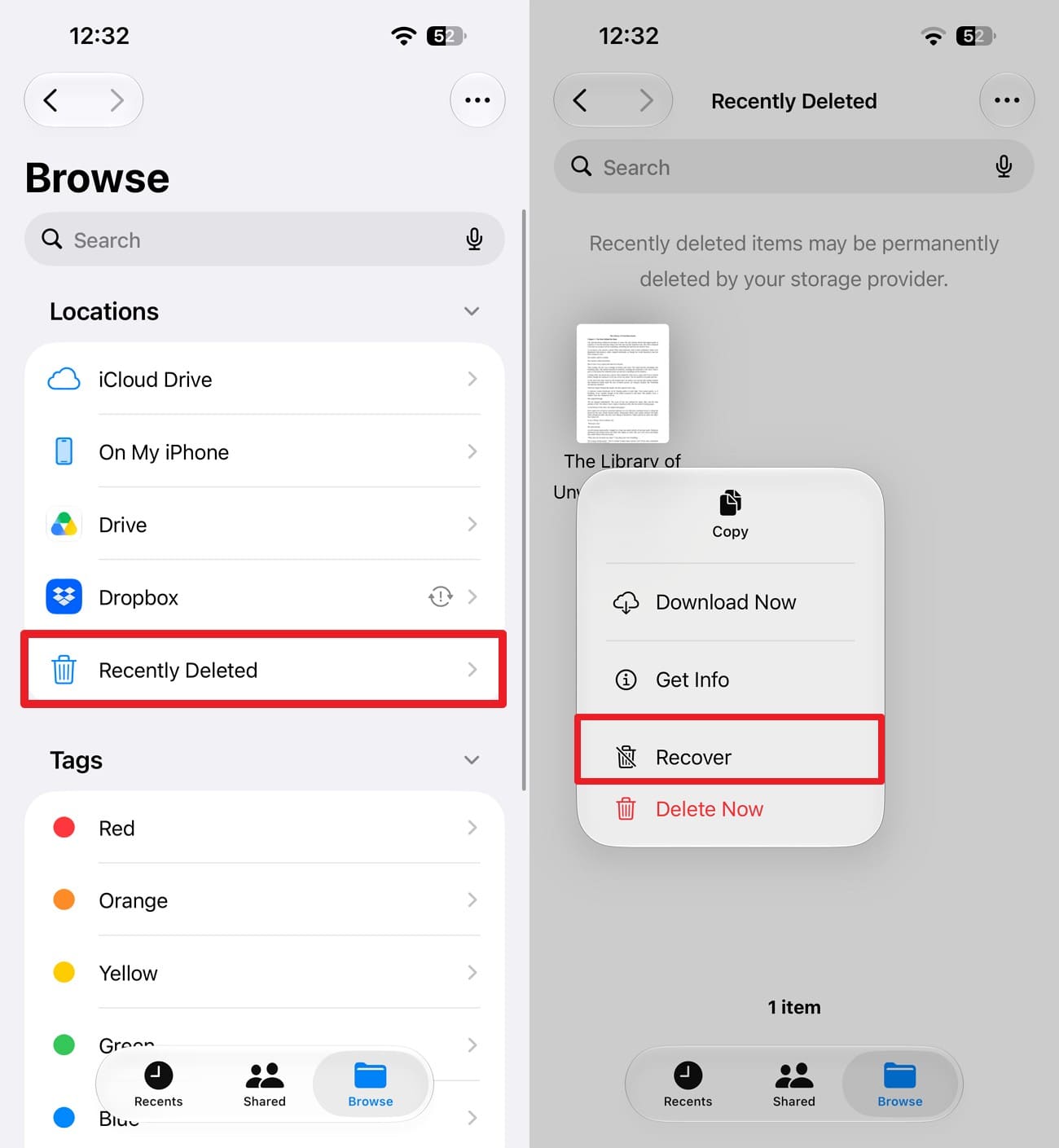 tap on recover option