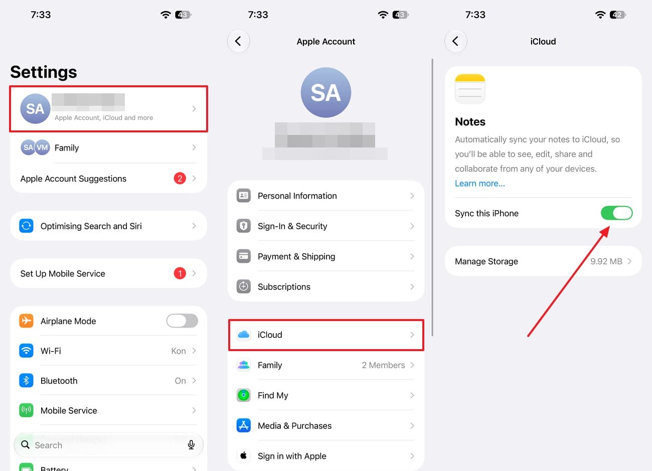 tap sync this iphone option