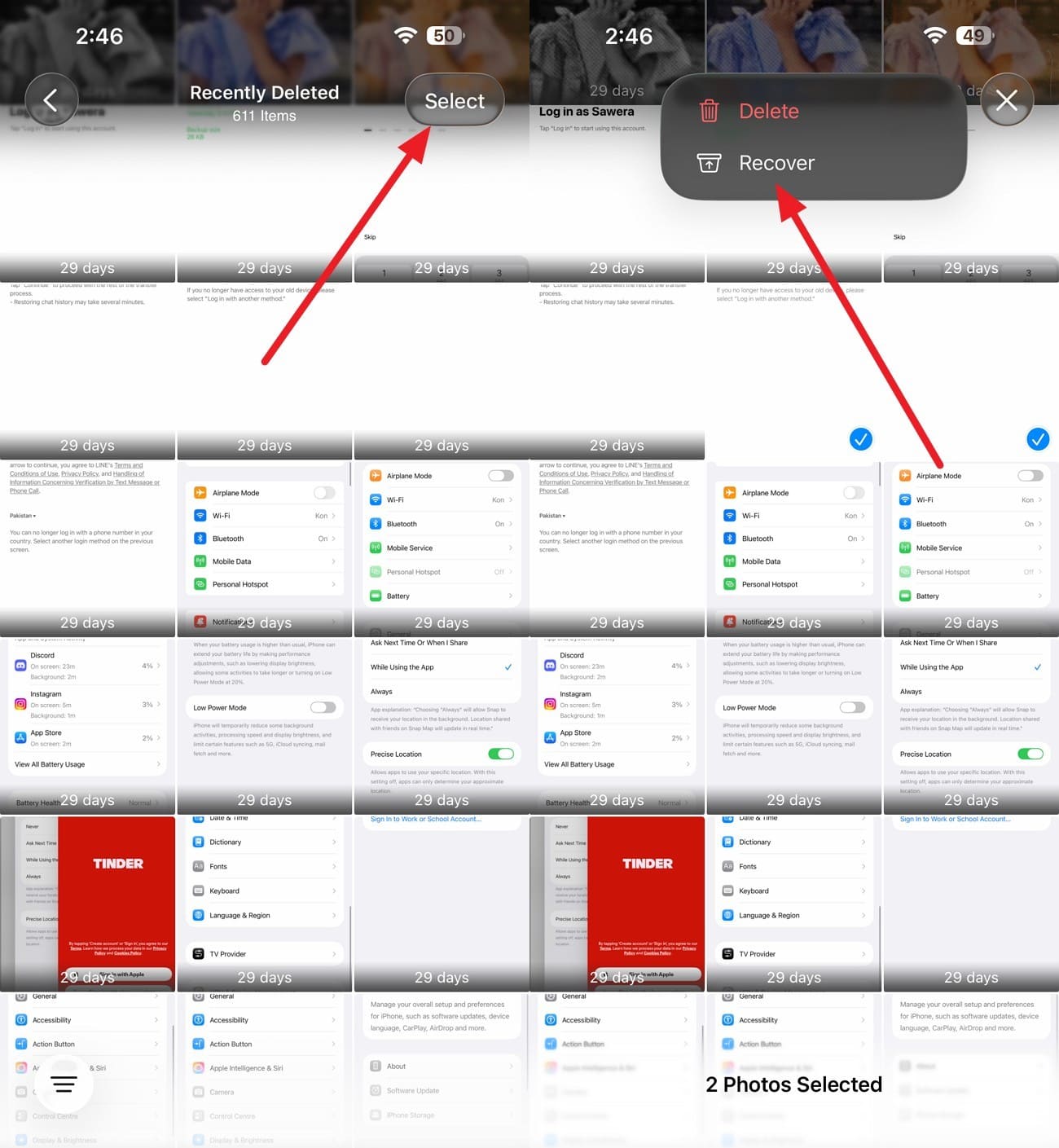 tap select and recover options