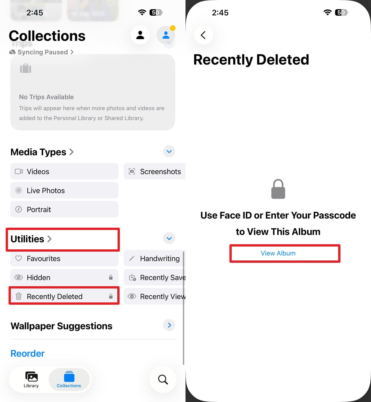 go to photos recently deleted