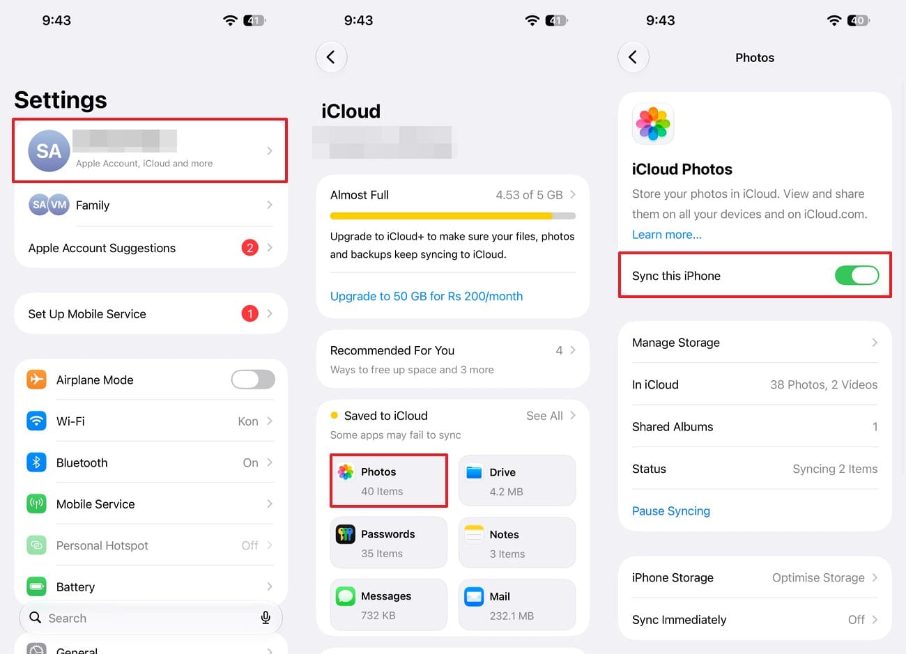 toggle on sync this iphone