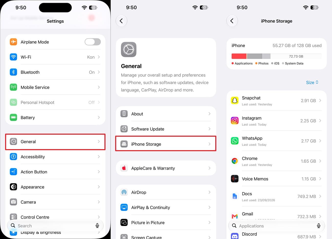 check the iphone storage