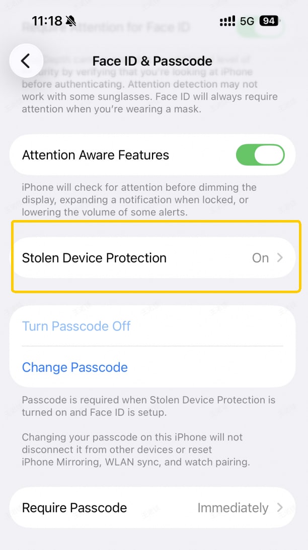 stolen device protection off