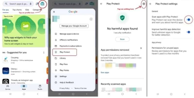 turn on play protect on google play store