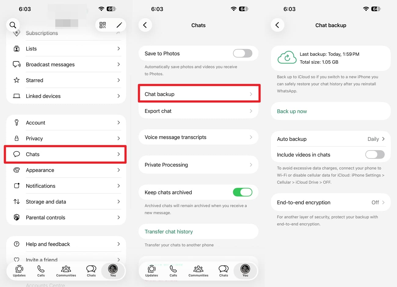 check the whatsapp icloud backup